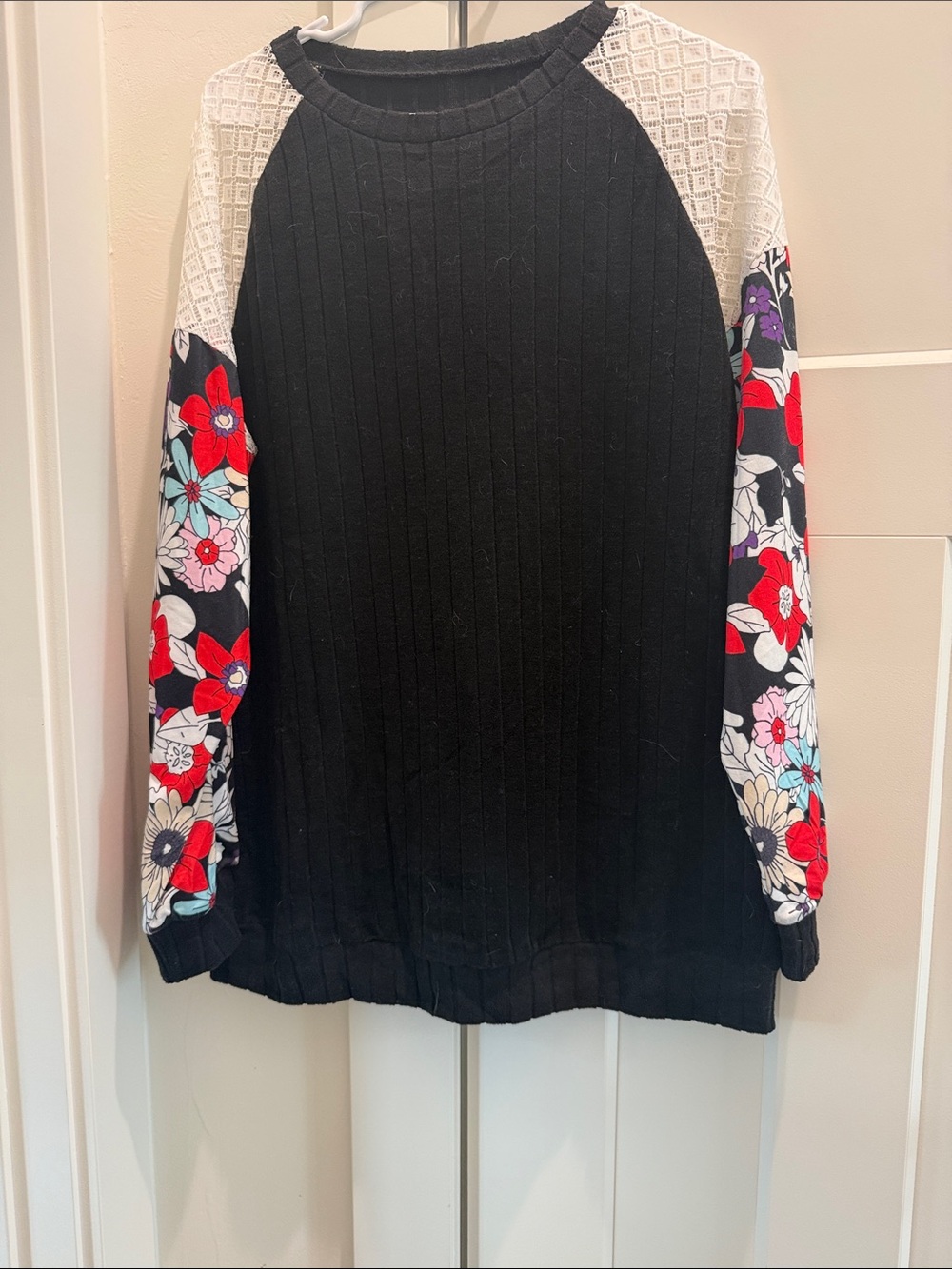Black Tunic (long) Sweater with Floral Raglan Sleeves